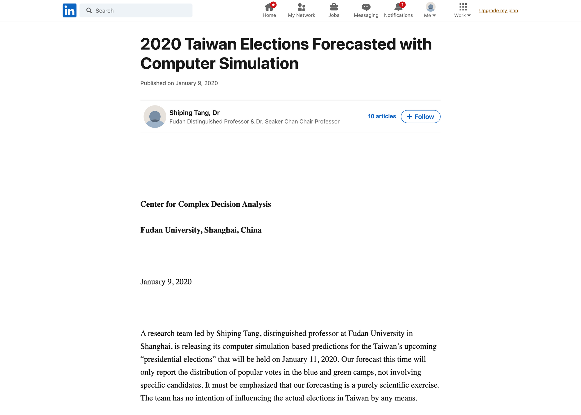 2020台湾地区选举预测 (发布页面截图)